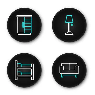 Set line Sofa, Bunk bed, Floor lamp and Wardrobe icon. Vector Stock Illustration