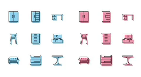 Set line Sofa, Bunk bed, Wardrobe, Round table, Furniture nightstand, TV, C.. Stock Illustration