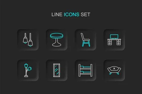Set line Sofa, Bunk bed, Big full length mirror, Floor lamp, Office desk, C.. Stock Illustration