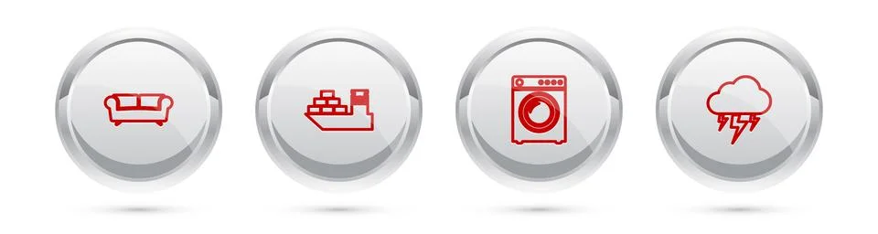 Set line Sofa, Cargo ship, Washer and Storm. Silver circle button. Vector Illustrazione stock
