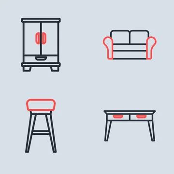 Set line Sofa, Chair, Office desk and Wardrobe icon. Vector Stock Illustration