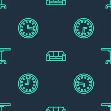 Set line Sofa, Clock and Round table on seamless pattern. Vector Stock Illustration