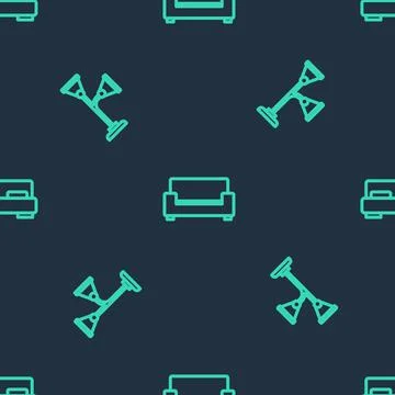 Set line Sofa, Floor lamp and Big bed on seamless pattern. Vector 스톡 일러스트