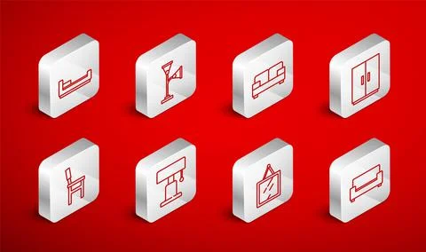 Set line Sofa, Floor lamp, Wardrobe, Mirror, Bed, Table and Chair icon. Vector Illustrazione stock