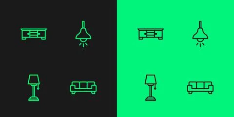Set line Sofa, Floor lamp, TV table stand and Lamp hanging icon. Vector Stock Illustration