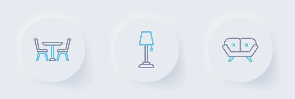 Set line Sofa, Floor lamp and Table with chair icon. Vector Illustrazione stock