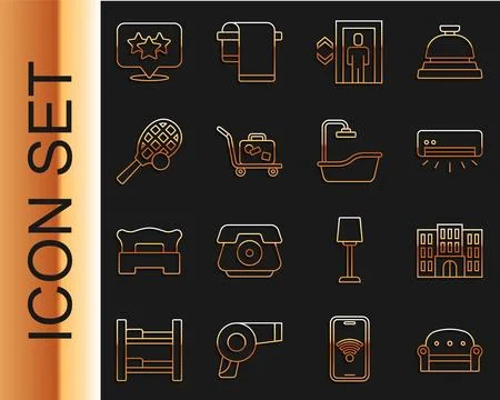 Set line Sofa, Hotel building, Air conditioner, Lift, Trolley suitcase, Ten.. Ilustración de archivo