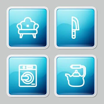 Set line Sofa, Knife, Washer and Kettle with handle icon. Vector Illustration