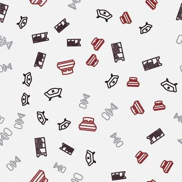 Set line Sofa, Library bookshelf, Office chair and Big bed on seamless patter Stock Illustration