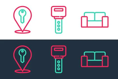 Set line Sofa, Location key and House icon. Vector Illustrazione stock