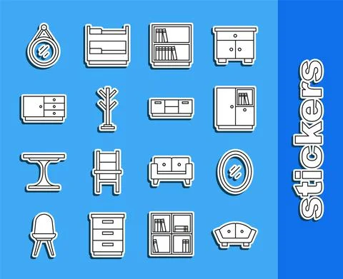 Set line Sofa, Mirror, Wardrobe, Library bookshelf, Coat stand, Chest drawers Stock Illustration