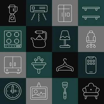 Set line Sofa, Mobile Apps, Office chair, Refrigerator, Kettle with handle, Gas Illustration