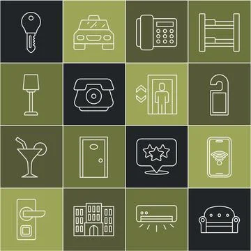 Set line Sofa, Mobile with wi-fi wireless, Please do not disturb, Telephone.. 스톡 일러스트