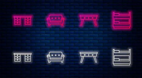 Set line Sofa, Office desk, and Bunk bed. Glowing neon icon on brick wall Stock Illustration