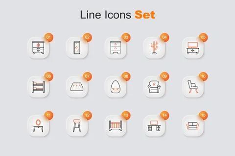 Set line Sofa, Office desk, Baby crib cradle bed, Chair, Dressing table, Ar.. Ilustración de archivo