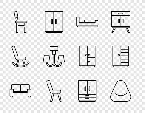 Set line Sofa, Pouf, Bed, Armchair, Chair, Chandelier, Wardrobe and icon. Vector 库存插图