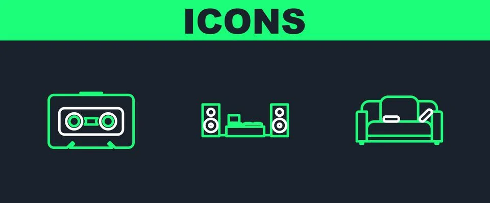 Set line Sofa, Retro audio cassette tape and Home stereo with two speakers .. Stock Illustration