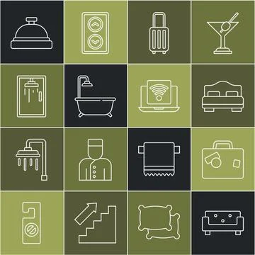 Set line Sofa, Suitcase, Hotel room bed, Bathtub with shower, Shower cabin,.. Stock Illustration