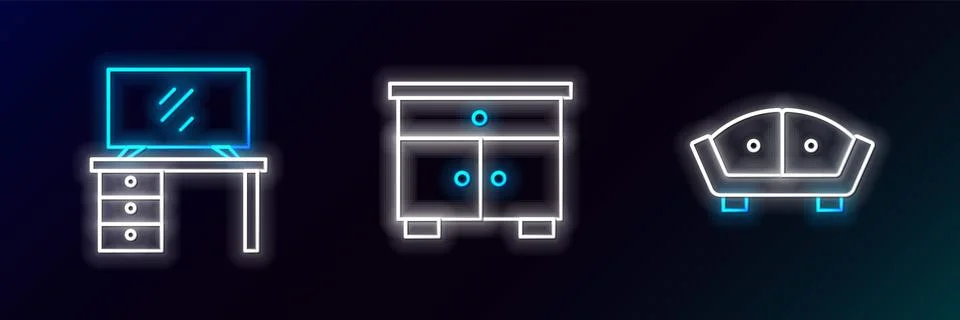Set line Sofa TV table stand and Furniture nightstand icon. Glowing neon. Vec Illustrazione stock