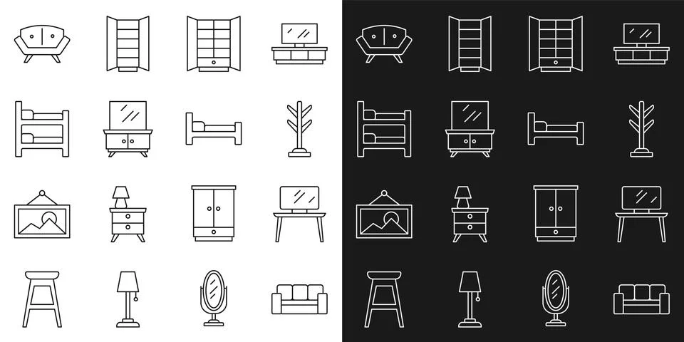 Set line Sofa, TV table stand, Coat, Wardrobe, Dressing, Bunk bed, and Bed .. Ilustração Stock