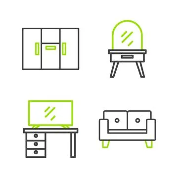 Set line Sofa, TV table stand, Dressing and Wardrobe icon. Vector Stock Illustration