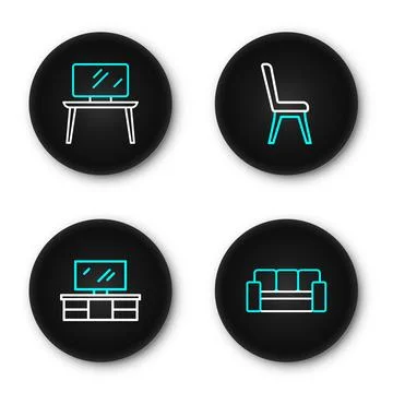 Set line Sofa, TV table stand, Chair and  icon. Vector 스톡 일러스트