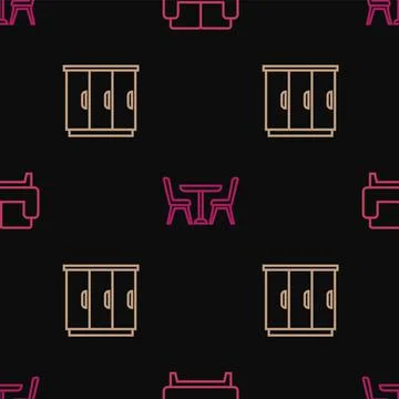Set line Sofa, Wardrobe and Table with chair on seamless pattern. Vector Illustrazione stock