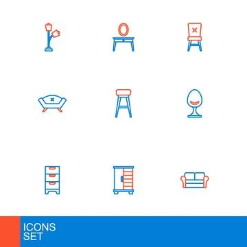 Set line Sofa, Wardrobe, Chest drawers, Armchair, Chair,  and Dressing tabl.. 스톡 일러스트