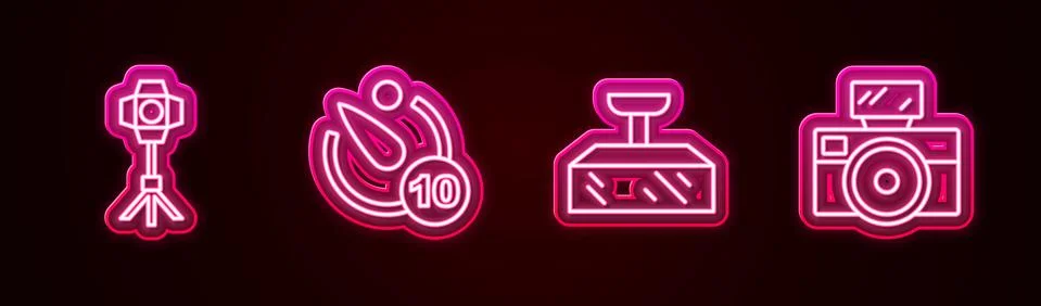 Set line Softbox light, Camera timer, and Photo camera with flash. Glowing neon Stock Illustration