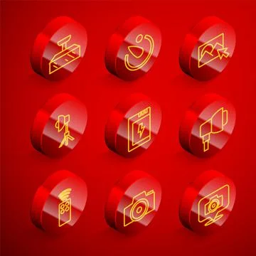 Set line Softbox light, Camera timer, Photo retouching, Battery for camera, R Illustrazione stock