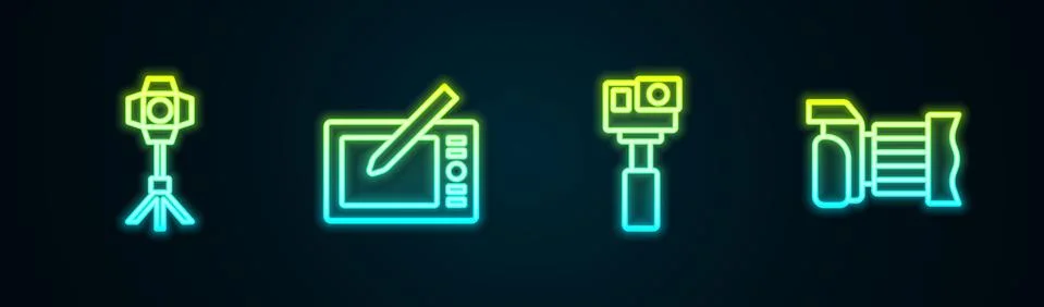 Set line Softbox light, Graphic tablet, Action camera and Photo. Glowing neon 스톡 일러스트