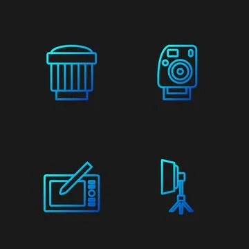 Set line Softbox light, Graphic tablet, Camera photo lens and Photo camera 库存插图