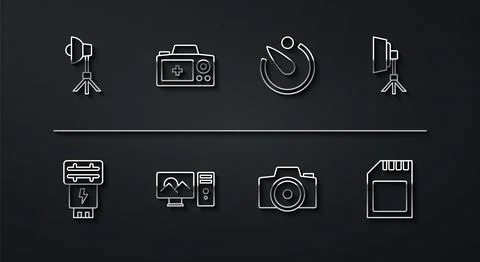 Set line Softbox light, Photo camera flash, retouching, SD card and Camera ti 스톡 일러스트