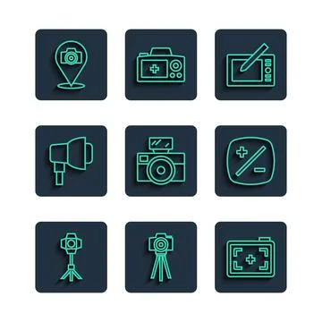 Set line Softbox light, Photo camera, Graphic tablet, with flash, and Exposure Stock Illustration
