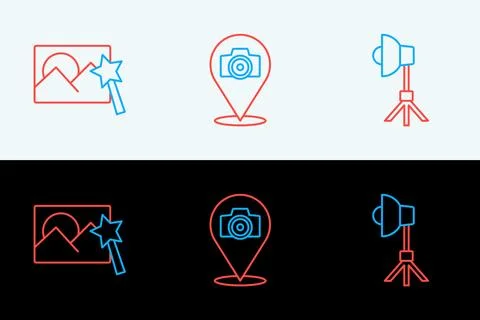 Set line Softbox light, Photo retouching and camera icon. Vector 스톡 일러스트