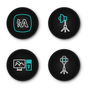 Set line Softbox light, Photo retouching,  and Auto flash icon. Vector Stock Illustration