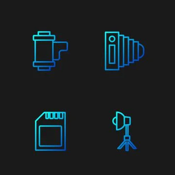 Set line Softbox light, SD card, Camera roll cartridge and Photo camera. Grad Stock Illustration