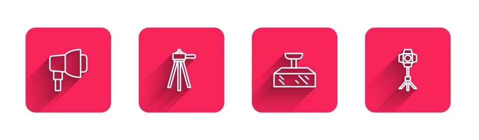 Set line Softbox light, Tripod, and with long shadow. Red square button. Vector Stock Illustration