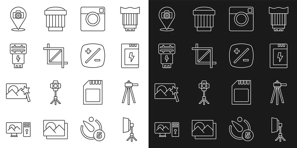 Set line Softbox light, Tripod, Battery for camera, Photo, Picture crop photo Stock Illustration