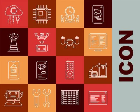 Set line Software, 3D printer, Computer monitor screen, Robot and digital time Stock Illustration