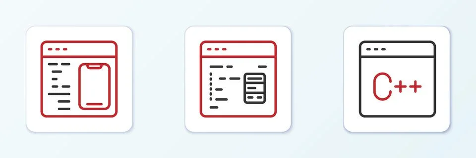 Set line Software,  and  icon. Vector Illustrazione stock