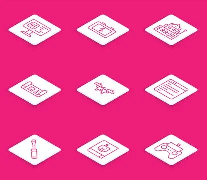 Set line Software, Battery, Error in robot, Robot blueprint, Drone, Compute.. Ilustración de archivo