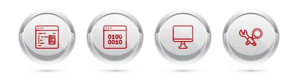 Set line Software, Binary code, Computer monitor screen and Debugging. Silver Stock Illustration
