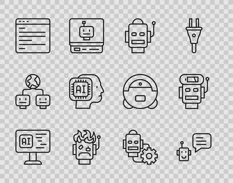 Set line Software, Bot, Robot, burned out, Computer api interface, Humanoid r Stock Illustration