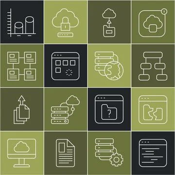 Set line Software, Broken file, Hierarchy organogram chart, Cloud technology Stock Illustration