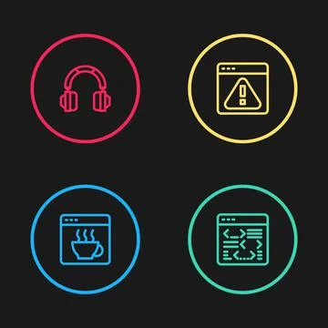 Set line Software, , Browser with exclamation mark and Headphones icon. Vecto Illustrazione stock