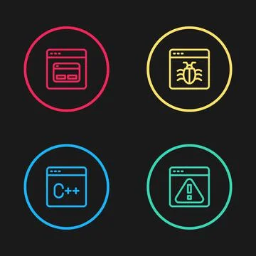 Set line Software, Browser with exclamation mark, System bug and Search engine Illustrazione stock