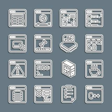 Set line Software, Browser files, Loading data window, MySQL code and Processor Stock Illustration
