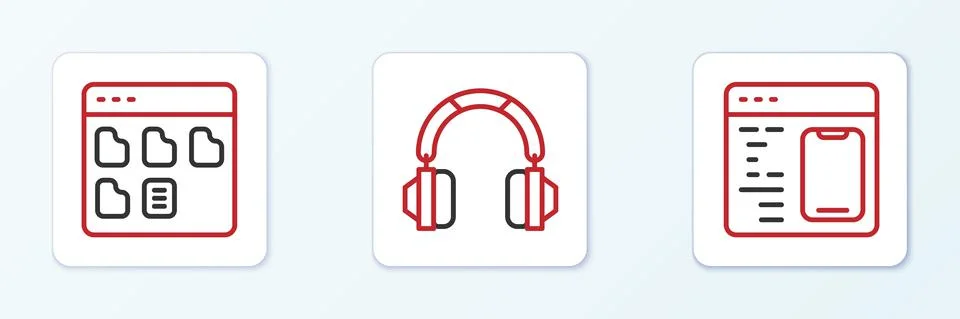 Set line Software, Browser files and Headphones icon. Vector 스톡 일러스트