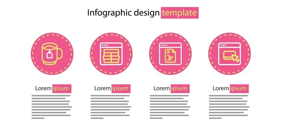 Set line Software, Browser files, MySQL code and Cup tea with tea bag icon. V Stock Illustration